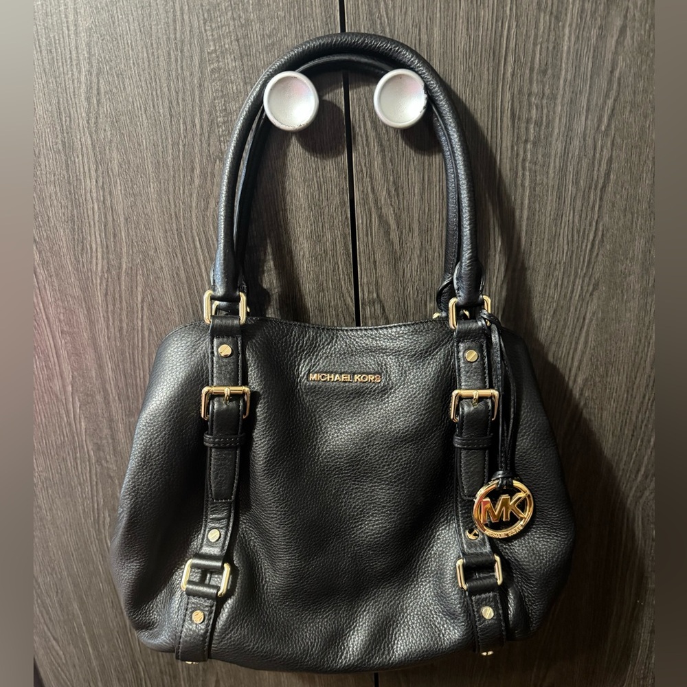 Michael Kors Black Leather Shoulder Bag with Gold Accents